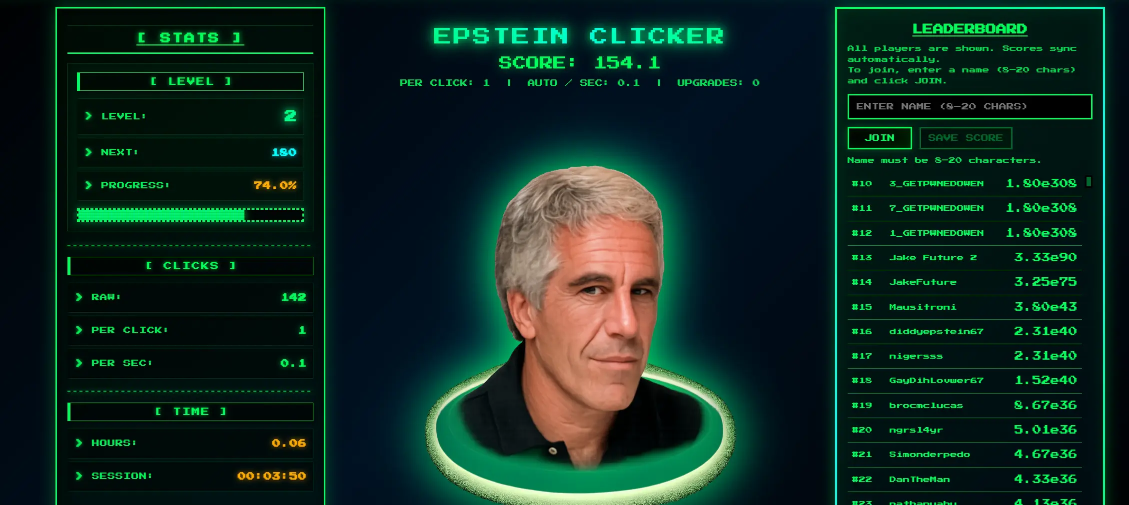Epstein Clicker showing score, level progress, clicks, automatic income, and a public leaderboard